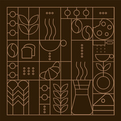 Hand drawn illustration of Bakery and Coffee. Icons. Abstract geometric line background. Gold luxury. Pattern for cover design, food package, menu, background, café wall, coffee shop, web banner