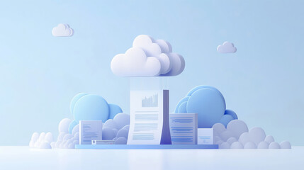 A conceptual 3D illustration depicting documents among stylized cloud shapes - obrazy, fototapety, plakaty