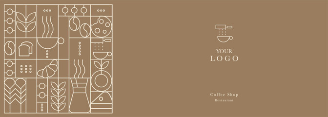 Web banner. Hand drawn illustration of Bakery and Coffee. Icons. Bread, bakery products,  dish, food processor, wheat. Abstract geometric line background. Gold luxury