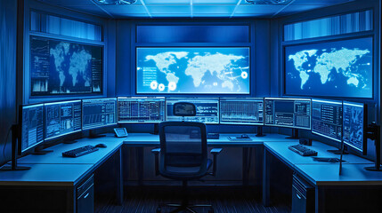 Control office room full of monitors on the table or desk with world map on the large display screen on the wall. Network surveillance, monitoring center, technical support, logistics,server station - obrazy, fototapety, plakaty