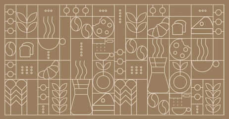 Hand drawn illustration of Bakery and Coffee. Icons. Abstract geometric line background. Gold luxury. Pattern for cover design, food package, menu, background, café wall, coffee shop, web banner