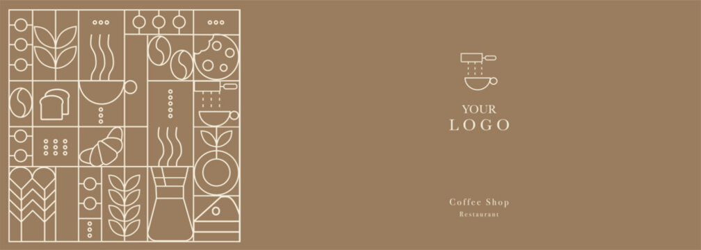 Web banner. Hand drawn illustration of Bakery and Coffee. Icons. Bread, bakery products,  dish, food processor, wheat. Abstract geometric line background. Gold luxury