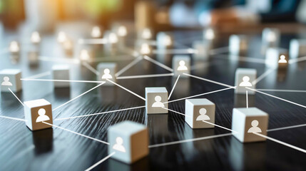 Cubes with icons of businesspeople, symbolizing corporate network and link connections. Global communication and worldwide company team network, community information exchange