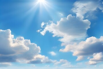 Naklejka na ściany i meble Blue panoramic sky with clouds and sunray. High resolution photo. Summer blue sky cloud gradient light white background. Beauty clear cloudy in sunshine calm bright winter air background. Generative A