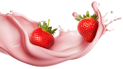 milk or yogurt splash with strawberries isolated on white background, 3d rendering.