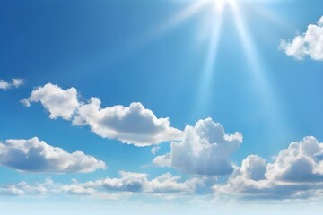 Blue panoramic sky with clouds and sunray. High resolution photo. Summer blue sky cloud gradient light white background. Beauty clear cloudy in sunshine calm bright winter air background. Generative A