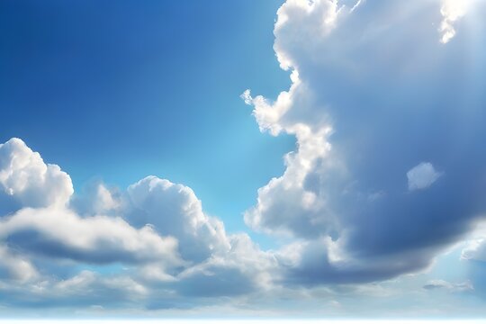 Blue panoramic sky with clouds and sunray. High resolution photo. Summer blue sky cloud gradient light white background. Beauty clear cloudy in sunshine calm bright winter air background. Generative A