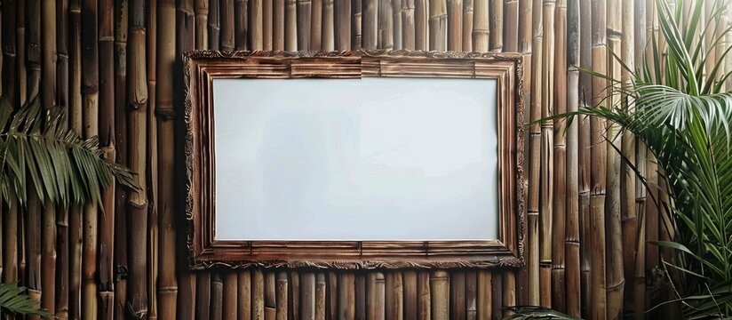 A brown rectangular picture frame hangs on a hardwood wall, emphasizing the symmetry and pattern. The wood stain creates tints and shades, enhancing the artwork within the frame