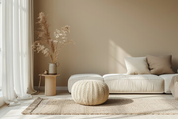 Fototapeta na wymiar Minimalist Living Room Interior with Beige Sofa and Elegant Décor