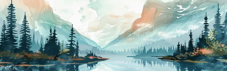 A painting of a mountain range with a lake in the foreground. The trees are green and the sky is blue. The mood of the painting is peaceful and serene - obrazy, fototapety, plakaty