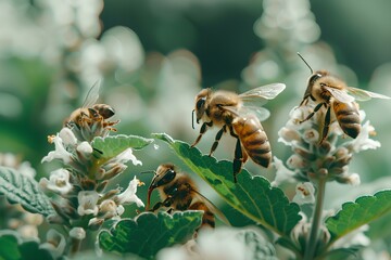 A group of bees sitting on top of a green plant with white flowers and leaves around them with  - Powered by Adobe