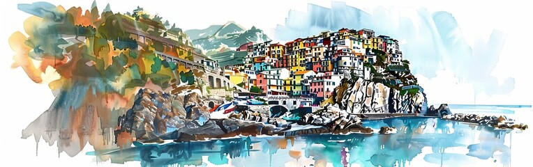 A detailed watercolor painting showcasing a city perched on a cliff, capturing the architectural charm and unique landscape of the setting. - obrazy, fototapety, plakaty