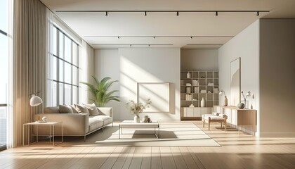 Contemporary style living room with no people, featuring modern furniture, clean lines, and a minimalist design.