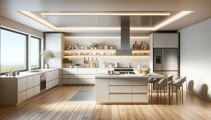 contemporary style kitchen interior with no people, featuring modern appliances, sleek cabinetry, and a minimalist design