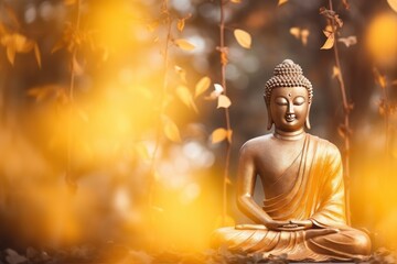 Makha Asanaha Visakha Bucha Day Golden Buddha image. Background of Bodhi leaves with shining light. Soft image and smooth focus style and copy space - generative ai