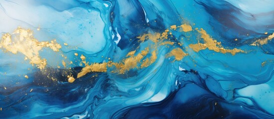 A close up of a mesmerizing painting featuring a blend of blue and gold marbles to create a tranquil natural landscape with electric blue hues