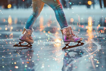 An ice skater gliding on a rink, their costume shimmering with thousands of tiny, reflective crystals - Powered by Adobe