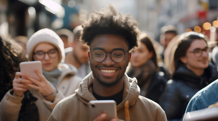 Young African American man smiling, standing on the city street amongst the crowd of people who are looking at their smartphones. Walking outdoors, checking notifications and messaging or chatting