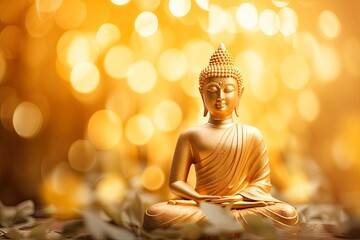 Makha Asanaha Visakha Bucha Day Golden Buddha image. Background of Bodhi leaves with shining light. Soft image and smooth focus style and copy space - generative ai