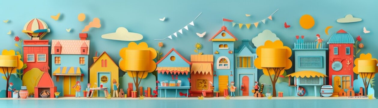 Bright colorful paper cut of a neighborhood block party