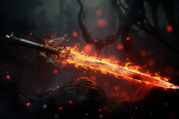 Disciplined Samurai warrior katana. Sun fire background. Generate Ai