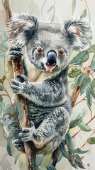 Koala clinging to a eucalyptus, watercolor, soft greys and greens, peaceful gaze, cuddly texture highlighted