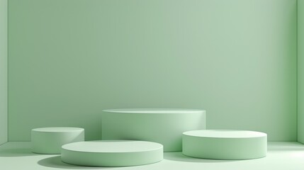Cylinder podiums on green background. Abstract pedestal scene with geometrical. Scene to show cosmetic products presentation