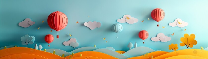 Colorful paper cut balloons, clear skies, minimalism