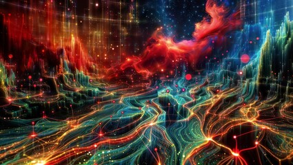 A mesmerizing and vibrant digital artwork depicting a surreal and chaotic scene of swirling energy streams, glowing particles, and abstract forms, creating a sense of dynamism. - obrazy, fototapety, plakaty