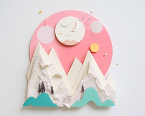 Colorful paper cut mountains under a simple moon paper cut paper art minimal cute