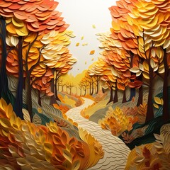 Colorful paper cut forest path minimalist style autumn leaves