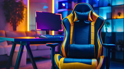 Yellow navvy blue premium leather textured gaming chair placed in a neon lighting illuminated room in front of the table or desk with wide monitor screen display and pc computer, nobody, copy space