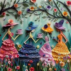 Colorful paper cut of a garden tea party