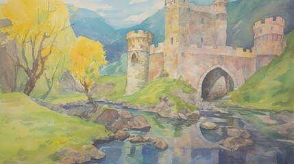 Cyberpunk castle with neon aurora reflections in the moat watercolor minimalist water color - obrazy, fototapety, plakaty