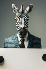 Portrait of an animalisitc zebra wearing a plaid business suit and tie holding a white empty advertisement sign with room for text or copy space