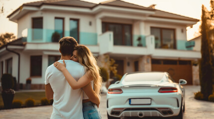 Man and woman hugged, couple hugging each other, standing in front of the big luxury house and expensive shiny white sports car parked on the driveway. Wealthy and rich family villa apartment, success