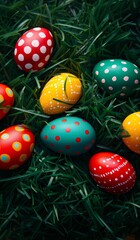 Fototapeta na wymiar Creative composition made of colorful Easter eggs laying in green grass
