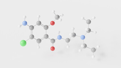 metoclopramide molecule 3d, molecular structure, ball and stick model, structural chemical formula prokinetic agents