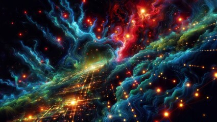 A captivating and intricate fractal-like digital artwork featuring swirling waves of vibrant colors like red, orange, blue, and green, interwoven with glowing particles and cosmic elements. - obrazy, fototapety, plakaty