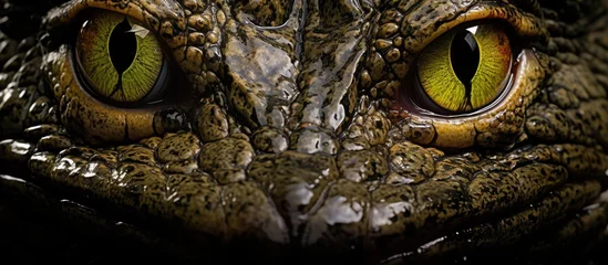 Keuken spatwand met foto A detailed art piece capturing the eyelashes, whiskers, and intense gaze of a crocodiles eyes on a dark background, reflecting the darkness of its terrestrial habitat © 2rogan