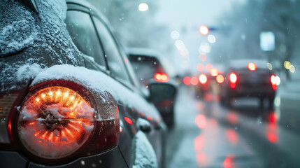 Rearview of the black car on the road or street in the city traffic jam during the snowstorm in the cold weather winter season outdoors, frozen icy slippery road transport and travel - obrazy, fototapety, plakaty