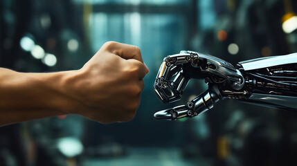 Human vs robot fists, face to face competition concept. Man against the AI artificial intelligence...