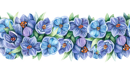 Blue flowers seamless border. Watercolor crocuses illustration. Repeat floral ornament for stationary, fabric, greeting cards, packaging, invitations isolated on white background