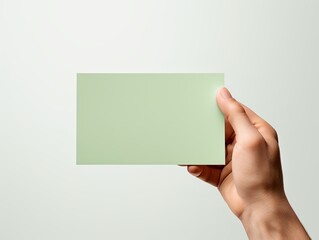 A hand holding a green paper isolated on white background