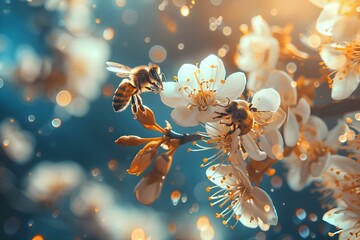 A bee is flying over a flower with water droplets on - Powered by Adobe