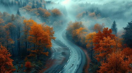 霧に包まれた秋の林道 - obrazy, fototapety, plakaty