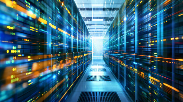 Information traveling through the data center storage in blue and orange colors. Cloud computer system internet infrastructure room, cybersecurity, telecommunication cluster, rack hardware technology