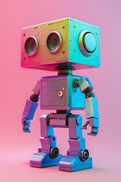 Minimalist 3D Blender robot with a rainbow finish, space for text