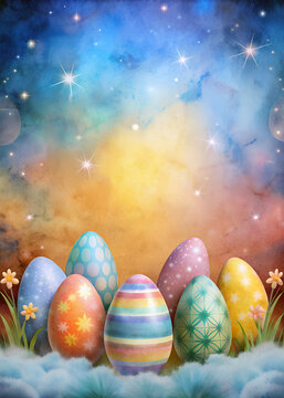 Precioso dise&ntilde;o de Pascua para tarjeta, portada de libros, manualidades, etc. Fondo con huevos de pascua pintados y espacio de copia.