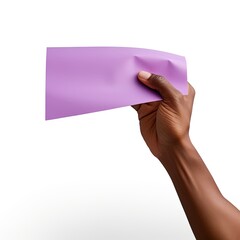 A hand holding a purple paper isolated on white background